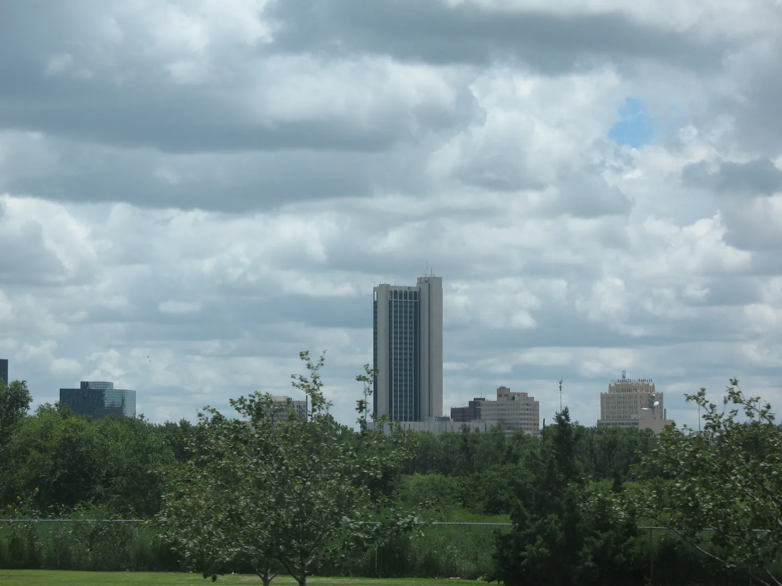 Amarillo, Texas skyline rising above trees under a cloudy sky
