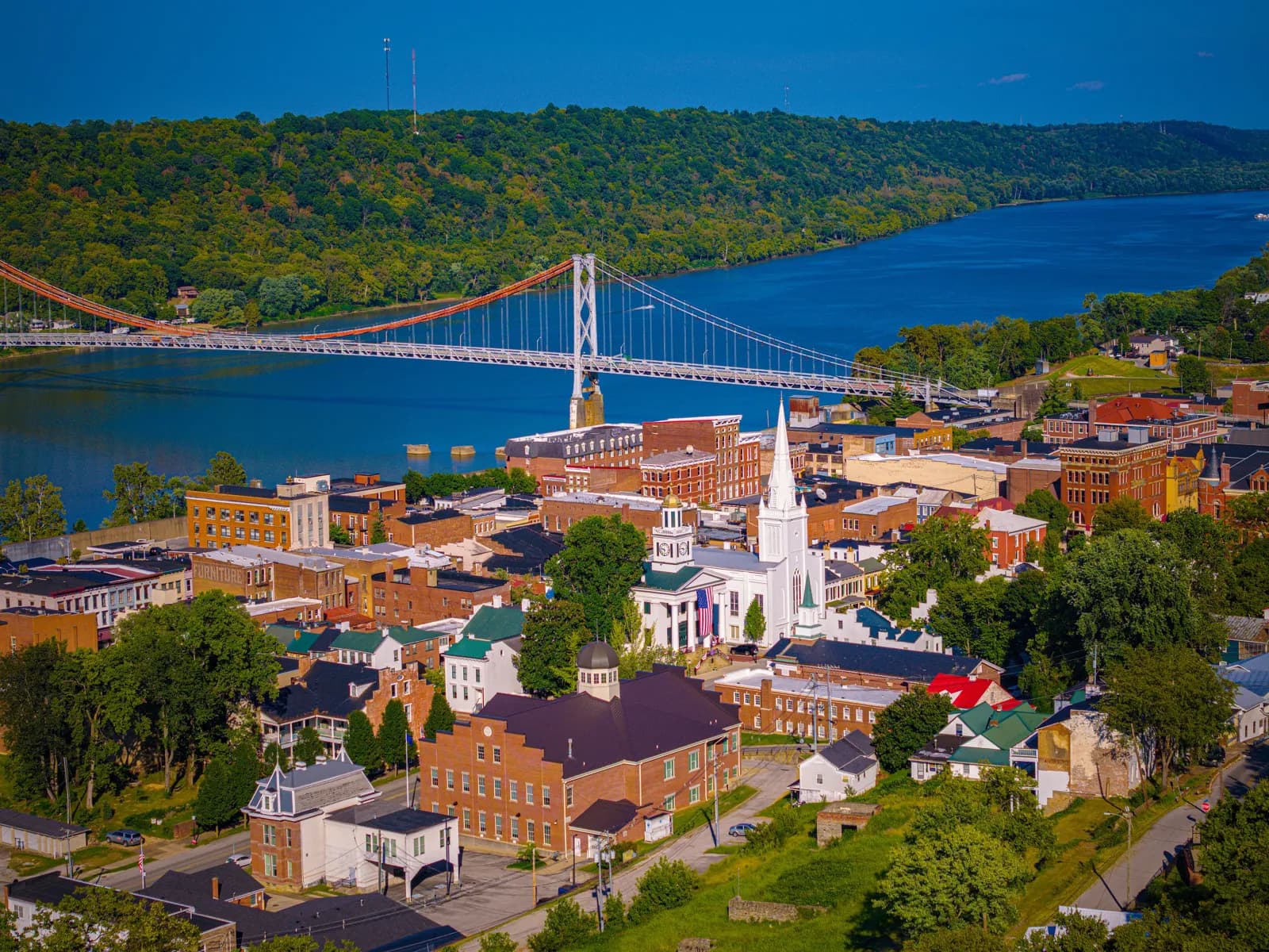 Downtown Maysville, Kentucky, on the Ohio River with the Simon Kenton Memorial Bridge