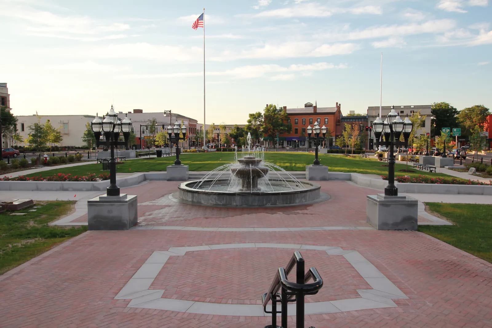 Park Square in downtown Westfield, Massachusetts, with a fountain and lawn
